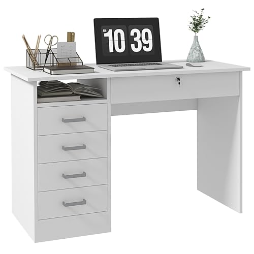 HOMCOM Computertisch mit großer Platte, 5 Schubladen, 1 offenes Fach, abschließbare Schublade, modern, 110 x 50 x 76 cm, Weiß von HOMCOM