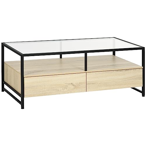 HOMCOM Couchtisch, Beistelltisch mit Schublade, Kaffeetisch mit Stauraum, Sofatisch mit Tischplatte aus Glas, für Wohnzimmer, Stahl, Eiche, 118 x 58 x 47 cm von HOMCOM