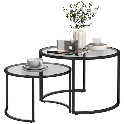 HOMCOM Couchtisch 2er-Set, Beistelltisch mit Schwarz Stahlgestell, Sofatisch, Kaffeetisch mit Tischplatte aus Hartglas, teilweise stapelbar, für Wohnzimmer, Schlafzimmer von HOMCOM