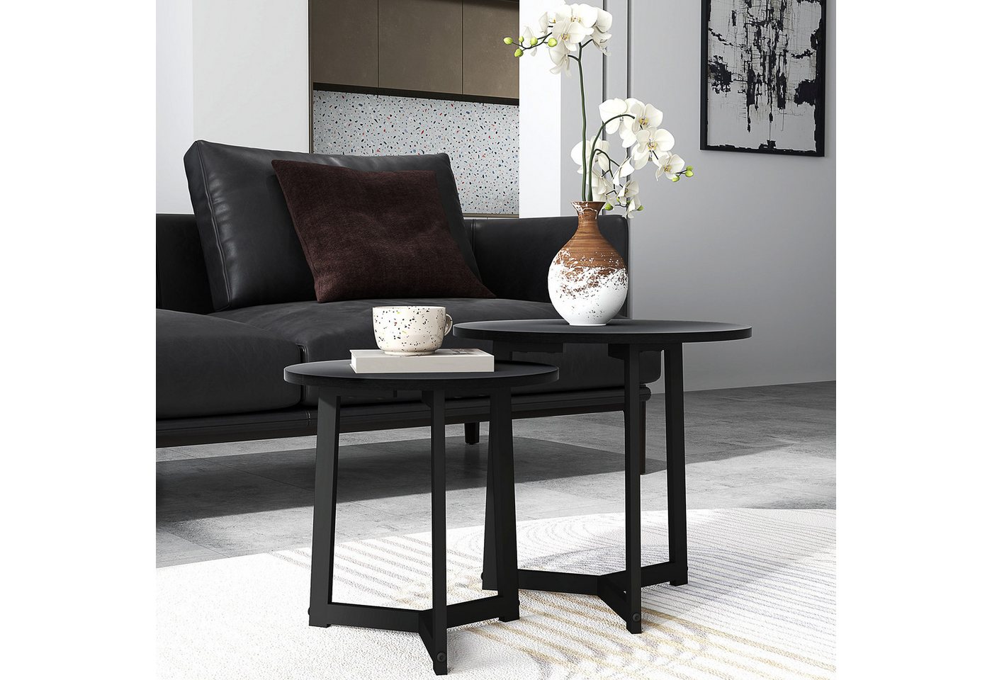 HOMCOM Couchtisch 2er-Set, Rund, mit Stahlgestell (Kaffeetisch, 2-St., Eckiger Beistelltisch), für Wohnzimmer, bis 35 kg Belastbar, Schwarz von HOMCOM
