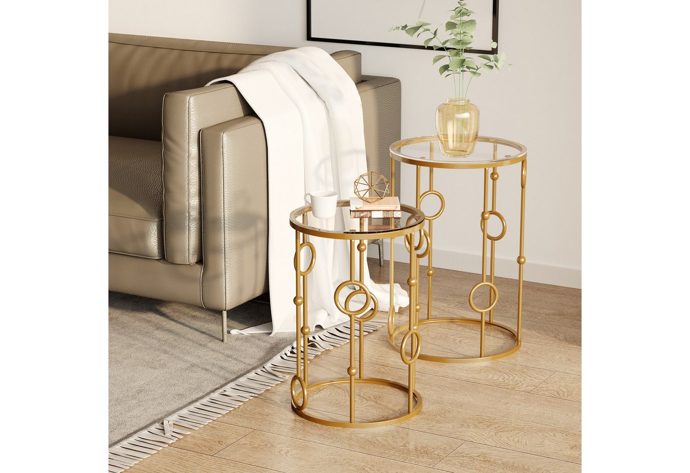 HOMCOM Couchtisch 2er-Set, mit Glasplatte, Reifen- und Kugeldesign (Sofatisch, 2-St., Beistelltisch für Wohnzimme, Balkon), für Wohnzimmer, Schlafzimmer, Flur, Ø41 x 57 cm, Gold von HOMCOM