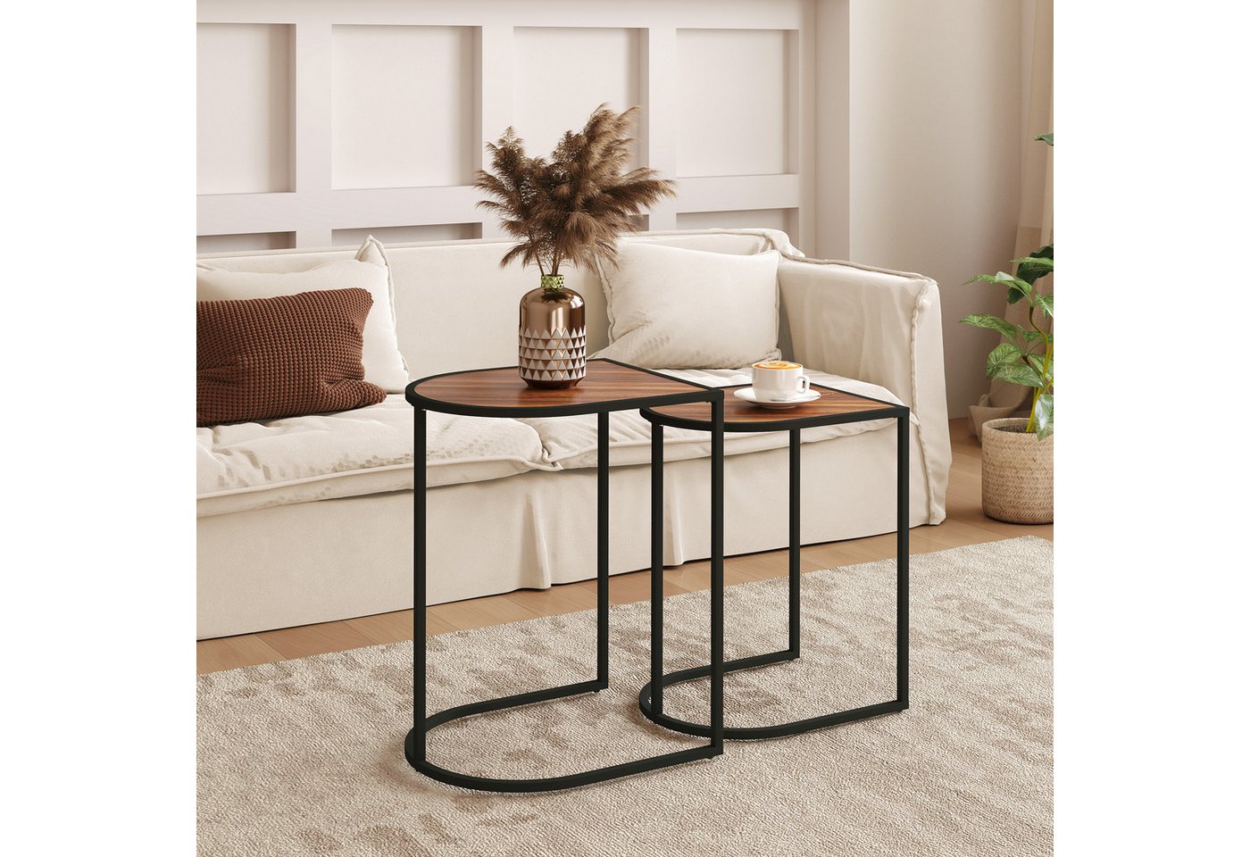 HOMCOM Couchtisch 2er-Set, mit Stahlgestell, stapelbar (Kaffeetisch, 2-St., Eckiger Beistelltisch), für Wohnzimmer, bis 20 kg Belastbar, Braun+Schwarz von HOMCOM
