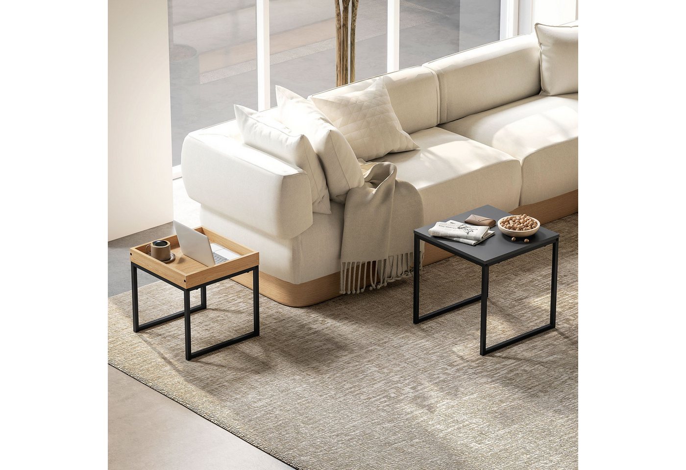 HOMCOM Couchtisch 2er-Set, mit Stahlgestell (Kaffeetisch, 2-St., Eckiger Beistelltisch), für Wohnzimmer, bis 30 kg Belastbar, Schwarz+Eiche von HOMCOM