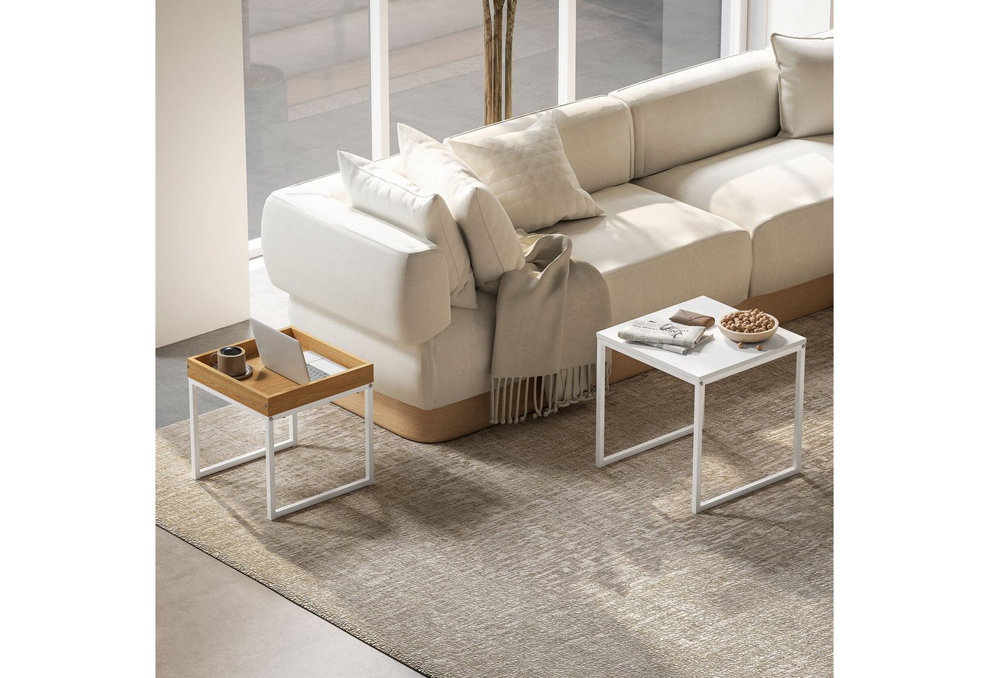 HOMCOM Couchtisch 2er-Set, mit Stahlgestell (Kaffeetisch, 2-St., Eckiger Beistelltisch), für Wohnzimmer, bis 30 kg Belastbar, Weiß+Eiche von HOMCOM