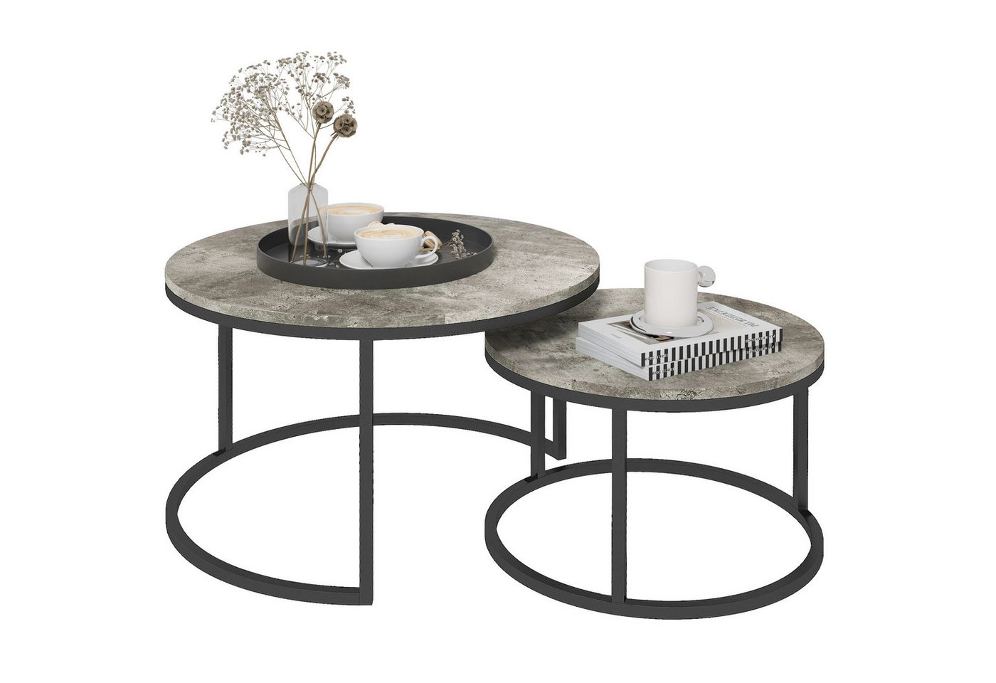HOMCOM Couchtisch 2er Set, stapelbar, in Marmoroptik, mit Metallgestell (Sofatisch, 2-St., Beistelltisch), für Wohnzimmer, Schlafzimmer, Balkon, Grau von HOMCOM