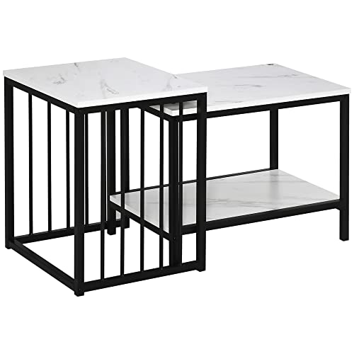 HOMCOM Couchtisch 2er Set Beistelltisch mit Stauraum, Marmoroptik, im Moderndesign, Stahlrahmen, Stapelbar, Sofatisch Wohnzimmertisch Kaffeetisch für Wohnzimmer Schlafzimmer, Weiß+Schwarz von HOMCOM