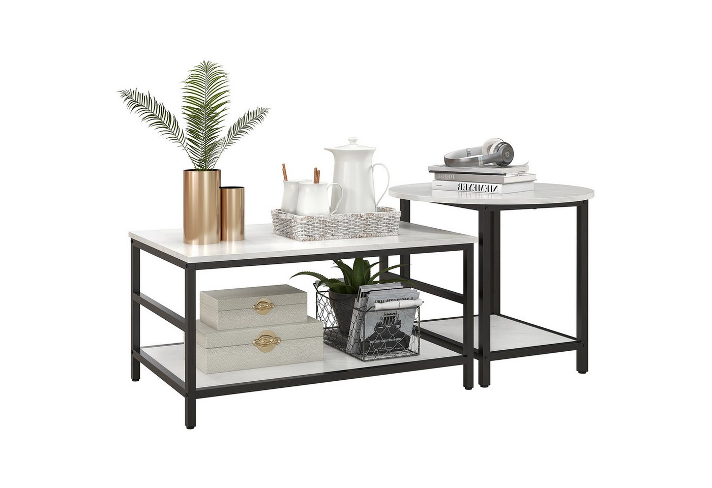 HOMCOM Couchtisch 2er-Set Beistelltisch, im Moderndesign, mit Marmoroptik (Wohnzimmertisch, 2-St., Beistelltische), für Schlafzimmer, Stahl von HOMCOM