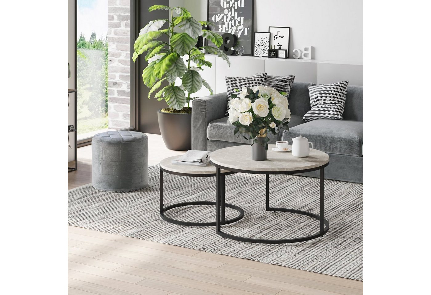 HOMCOM Couchtisch 2er-Set Beistelltisch mit Metallgestell stapelbar (Sofatisch, 2-St., Kaffeetisch), für Wohnzimmer, Schlafzimmer, Grau von HOMCOM