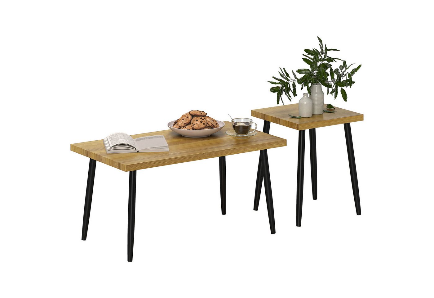 HOMCOM Couchtisch 2er Set Kaffeetisch mit Stahlrahmen (Sofatisch, 2-St., Beistelltisch), für Wohnzimmer Schlafzimmer Natur von HOMCOM