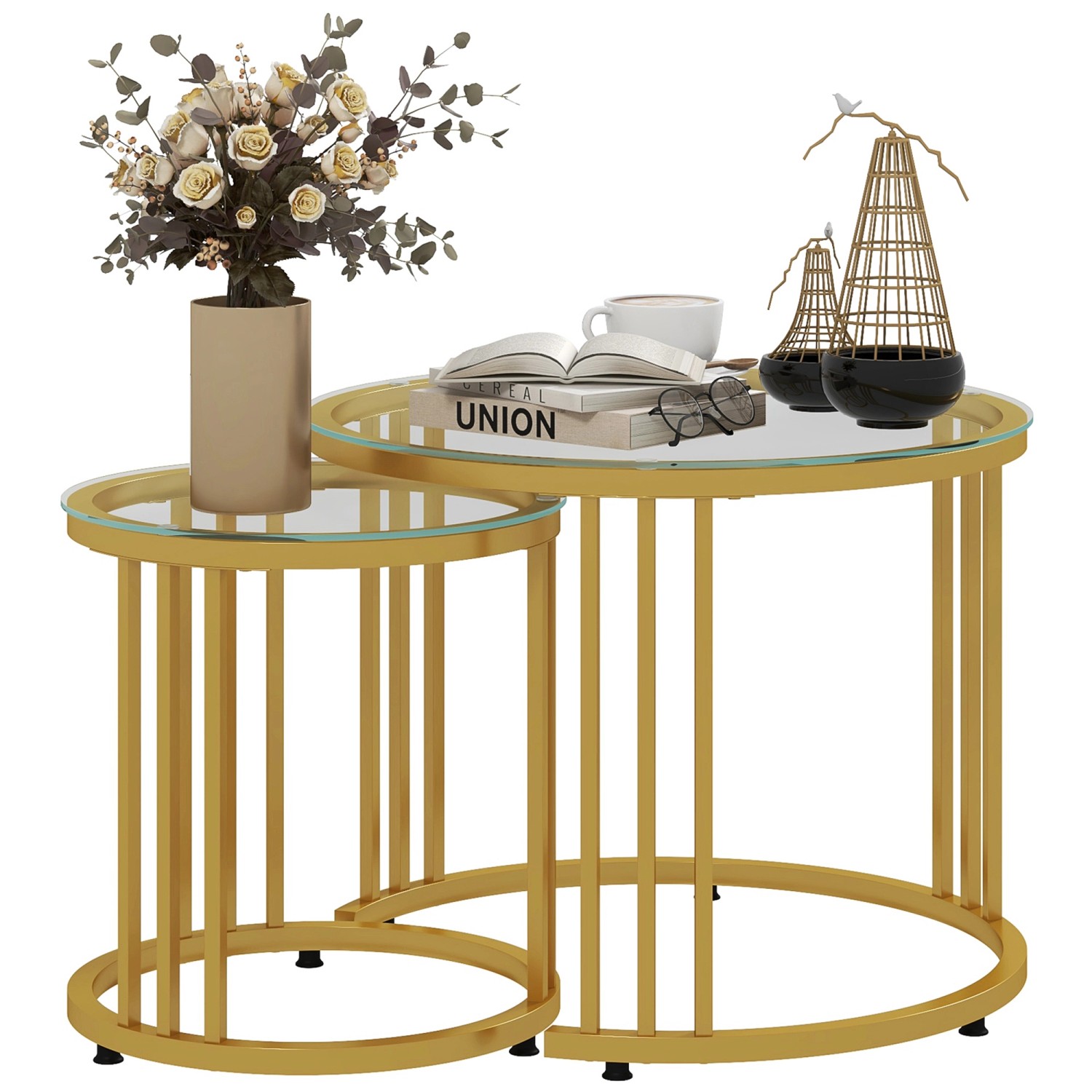 HOMCOM Couchtisch 2er-Set Stapelbar mit Stahlgestell für Büro Schlafzimmer Gold HOMCOM Couchtisch 2er-Set Stapelbar mit Stahlgestell für Büro Schlafzimmer Gold von HOMCOM