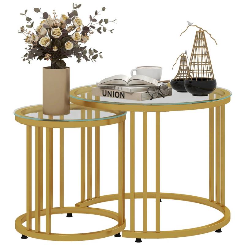 HOMCOM Couchtisch 2er-Set Stapelbar mit Stahlgestell für Büro Schlafzimmer Gold von HOMCOM