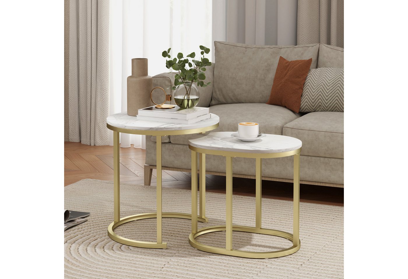 HOMCOM Couchtisch 2er Set Stapelbarer Kaffeetisch mit Stahlrahmen (Sofatisch, 2-St., Beistelltisch), für Wohnzimmer, Schlafzimmer, Balkon, Weiß von HOMCOM