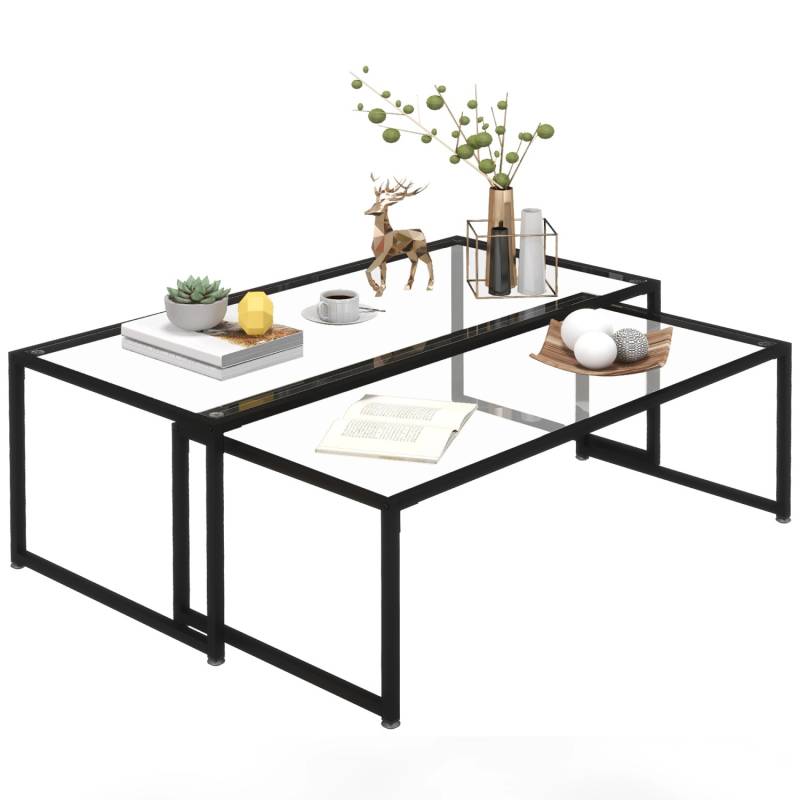 HOMCOM Couchtisch 2er-Set für Schlafzimmer Gehärtetes Glas Stahl Schwarz von HOMCOM