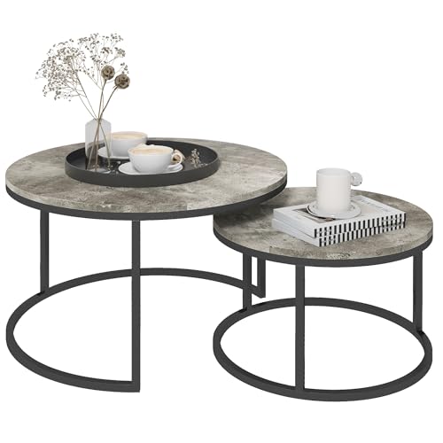 HOMCOM Couchtisch rund 2er Set Wohnzimmertisch Beistelltisch mit Metallrahmen, Satztisch mit Marmoroptik Kaffeetisch für Wohnzimmer, Schlafzimmer, Balkon Grau von HOMCOM