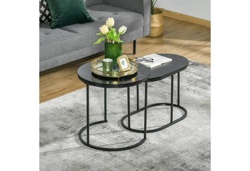 HOMCOM Couchtisch Beistelltisch in Marmoroptik, stapelbar, (Kaffeetisch-Set, 2-St., Satztisch-Set), MDF Stahl Schwarz Ø50 x 50,5 cm von HOMCOM