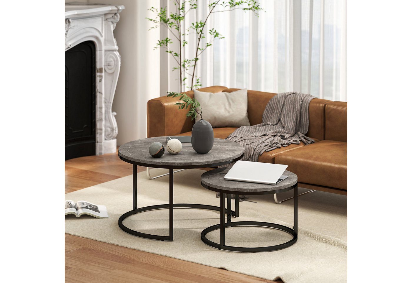 HOMCOM Couchtisch Beistelltisch mit Metallgestell, Stapelbar (Wohnzimmertisch, 2-St., Kaffeetisch), für Wohnzimmer, Schlafzimmer, Balkon Grau von HOMCOM