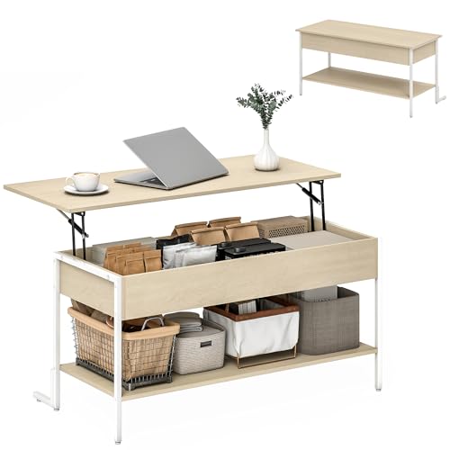 HOMCOM Couchtisch Lift-Up Couchtisch mit Soft Close verdecktem Stauraum und offenem Regal 95x40x59 cm Natur und Weiß von HOMCOM