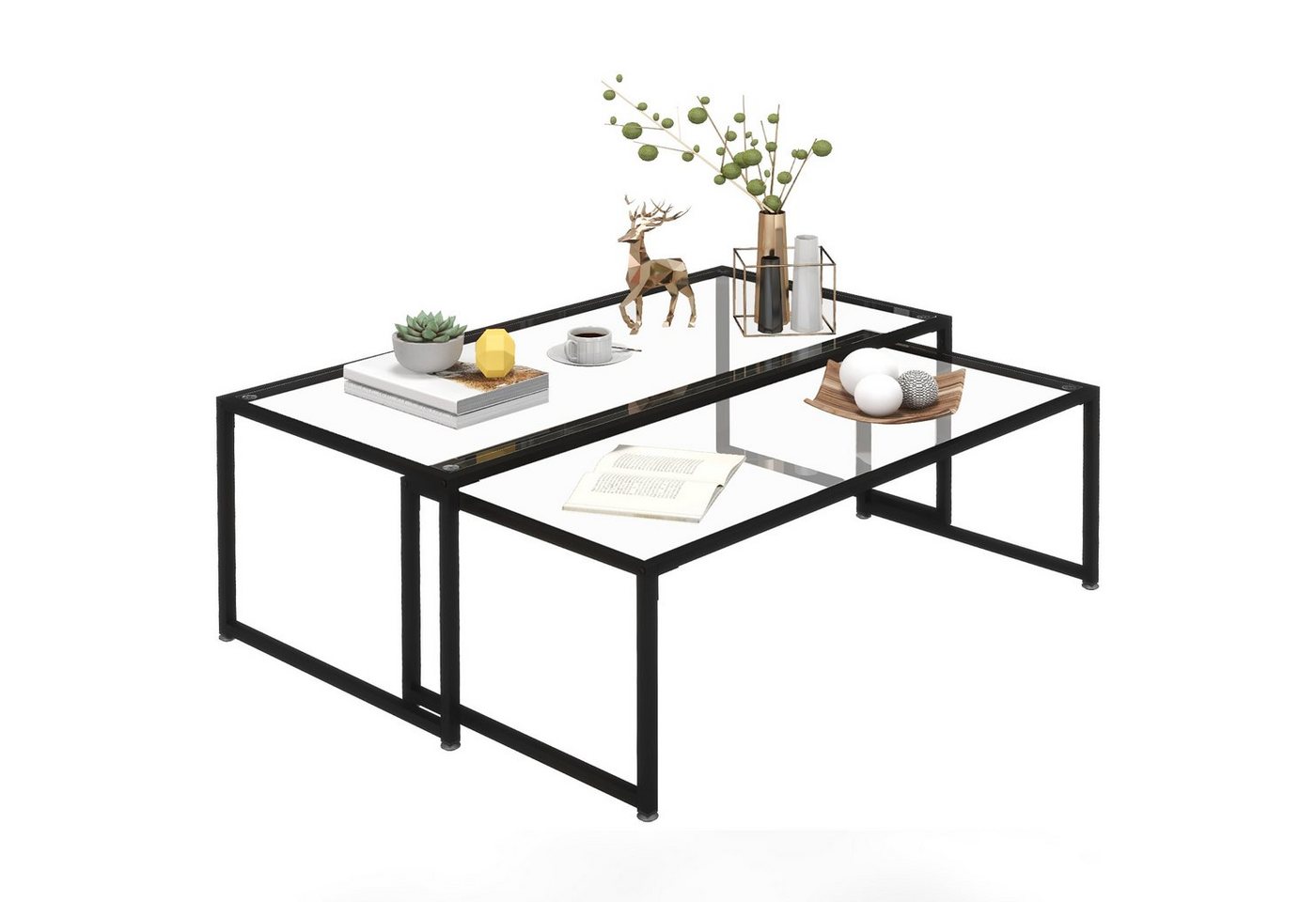 HOMCOM Couchtisch Satztisch, Glastisch, Sofatisch (Beistelltisch, 2-St., Kaffeetisch), für Schlafzimmer, Gehärtetes Glas, Stahl, Schwarz von HOMCOM
