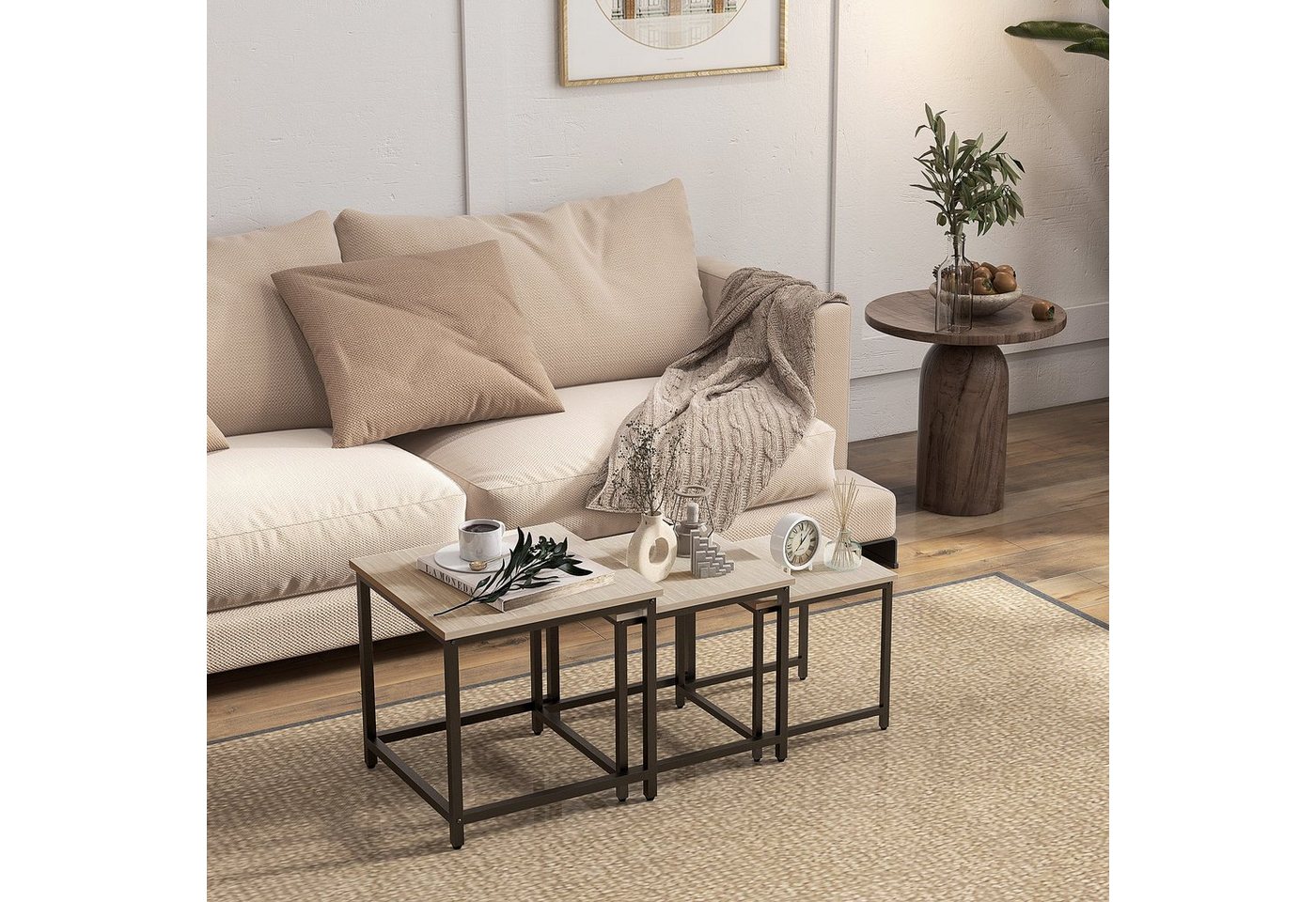 HOMCOM Couchtisch Satztisch mit Stahlrahmen im Industriedesign (Sofatisch, 3-St., Beistelltisch), Naturholz Spanplatte, Stahl von HOMCOM