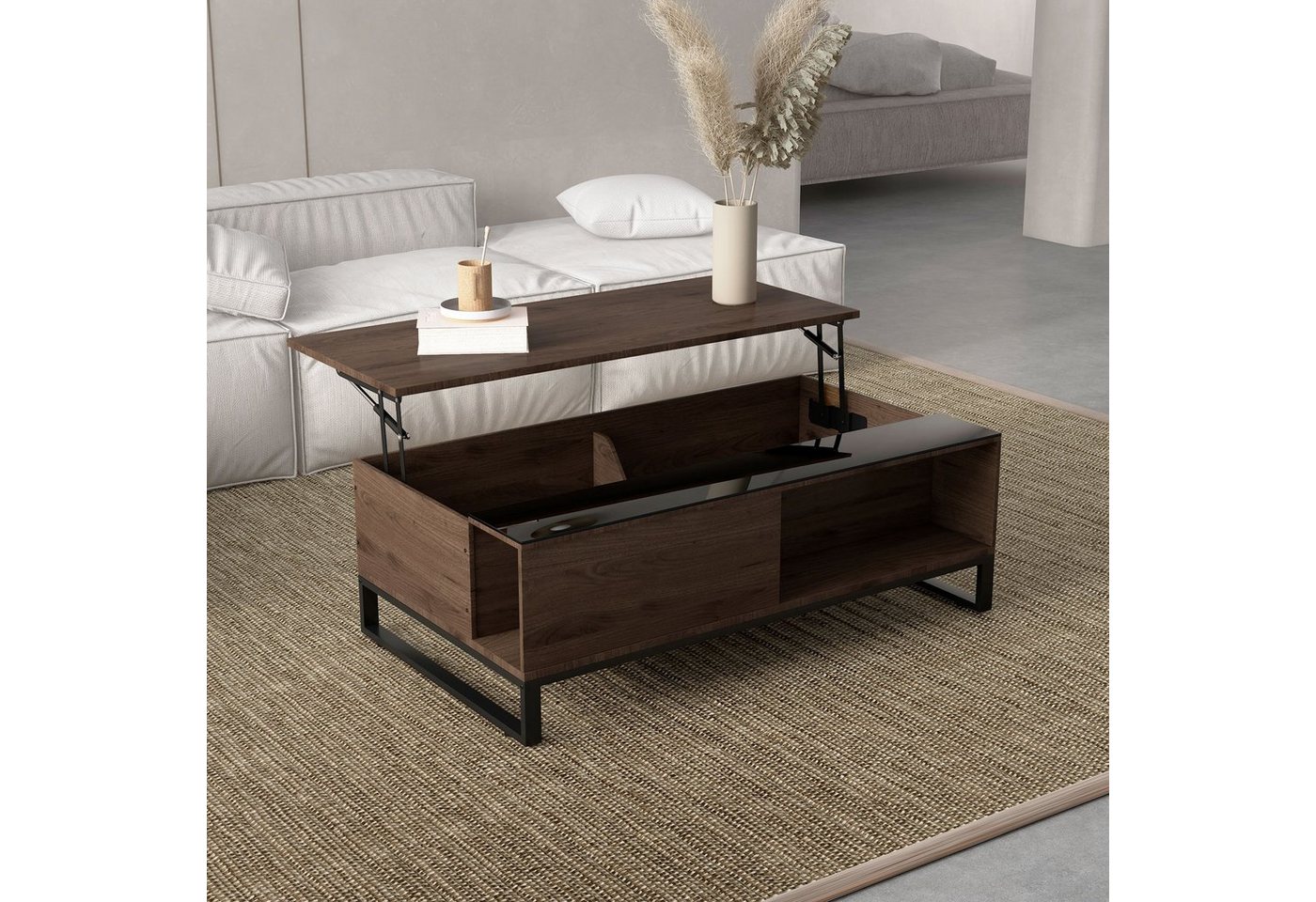 HOMCOM Couchtisch Sofatisch mit Hebefunktion, Stauraum (Beistelltisch, 1-St., Kaffeetisch), Stahl, Walnuss, Schwarz, 102 x 58 x 35,5 cm von HOMCOM