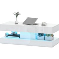 HOMCOM Couchtisch Wohnzimmertisch Hochglanz mit 12-Farbiger LED Beleuchtung Modern Beistelltisch mit 2 Schublade, offenem Regal Kaffeetisch für Wohnzimmer 120 x 50 x 42 cm, Weiß   Aosom von HOMCOM