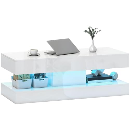 HOMCOM Couchtisch Wohnzimmertisch Hochglanz mit 12-Farbiger LED Beleuchtung Modern Beistelltisch mit 2 Schublade, offenem Regal Kaffeetisch für Wohnzimmer 120 x 50 x 42 cm, Weiß HOMCOM Couchtisch Wohnzimmertisch Hochglanz mit 12-Farbiger LED Beleuchtung Modern Beistelltisch mit 2 Schublade, offenem Regal Kaffeetisch für Wohnzimmer 120 x 50 x 42 cm, Weiß von HOMCOM