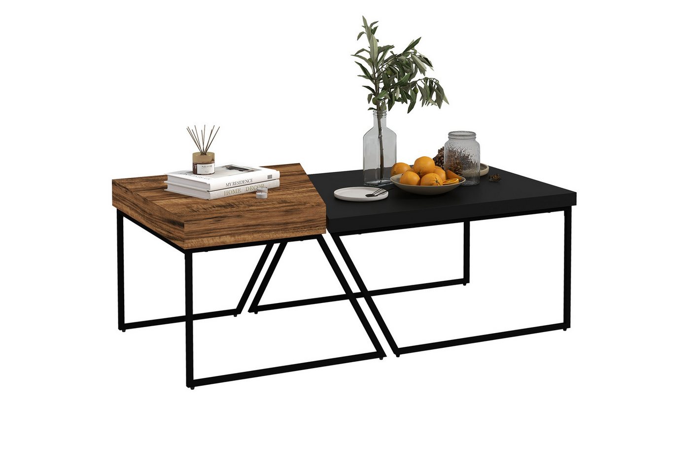 HOMCOM Couchtisch Wohnzimmertisch mit Stahlrahmen, Geometrischem Industriedesign (Beistelltisch, 2-St., Kaffeetisch), für Wohnzimmer, Braun von HOMCOM