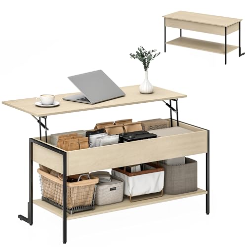 HOMCOM Couchtisch mit hochklappbarer Tischplatte, industrieller Salontisch mit verstecktem Fach und offenem Regal, verstärkte Beine in Stabiler L-Form, für Wohnzimmer, Büro, 95 x 40 x 59 cm, von HOMCOM