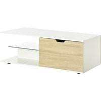 HOMCOM Couchtisch rechteckig zeitgenössisches Design 2 Schubladen 2 Fächer gehärtetes Glas Regal Spanplatten weiß Eiche-Holzoptik 106 x 58 x 39 cm weiß   Aosom von HOMCOM