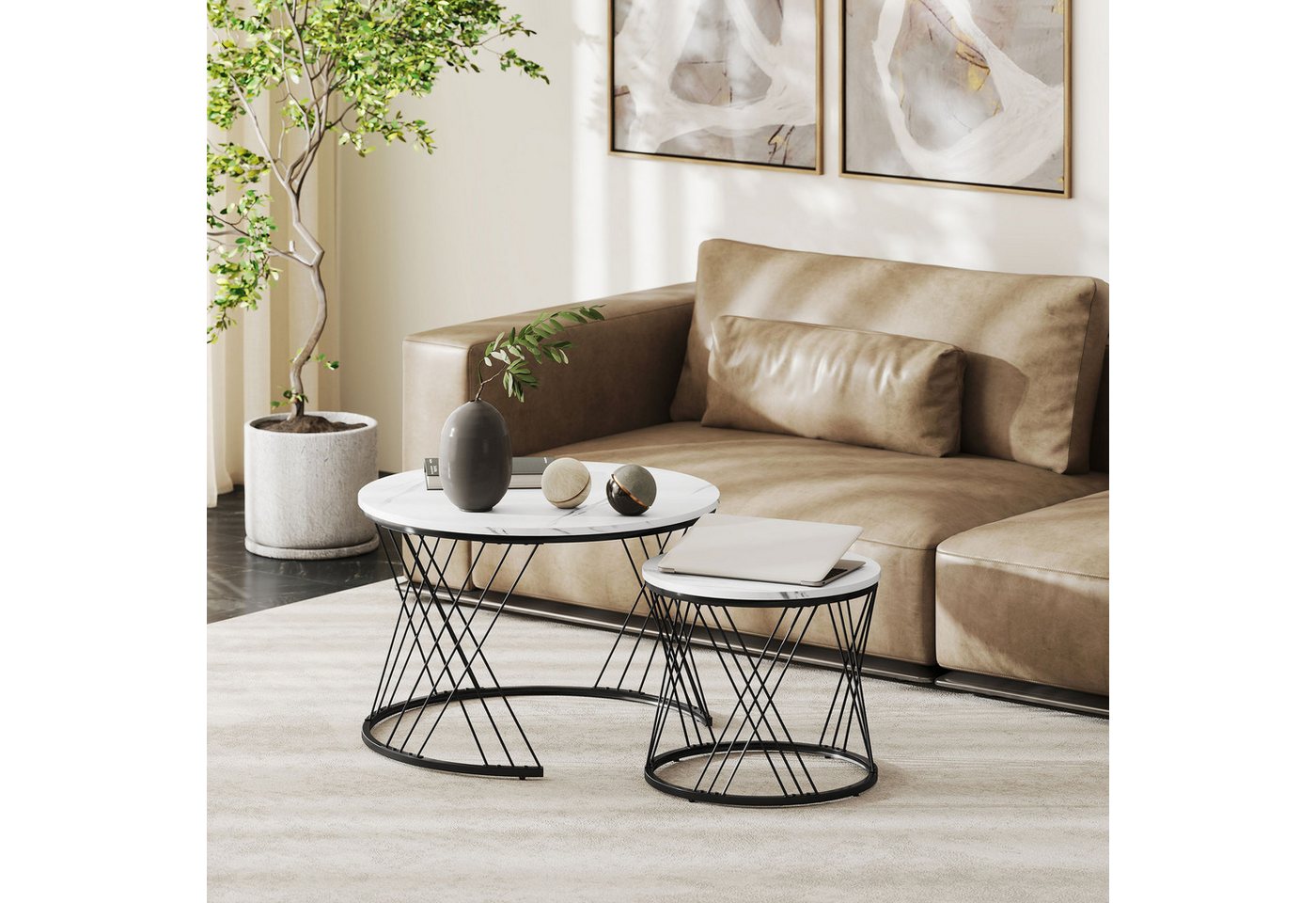 HOMCOM Couchtisch rund 2er Set Beistelltisch mit Marmoroptik, Metallrahmen (Wohnzimmertisch, 2-St., Satztisch), Kaffeetisch für Wohnzimmer Schlafzimmer Weiß von HOMCOM