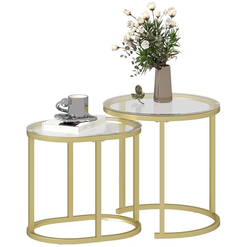 HOMCOM Couchtisch rund 2er Set Stapelbarer Beistelltisch mit Stahlrahmen, Wohnzimmertisch Kaffeetisch für Wohnzimmer Schlafzimmer Gold von HOMCOM