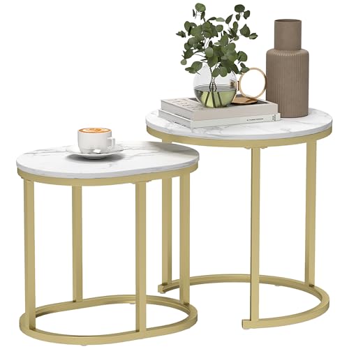 HOMCOM Couchtisch rund 2er Set Stapelbarer Beistelltisch mit Stahlrahmen, Wohnzimmertisch Kaffeetisch für Wohnzimmer Schlafzimmer Weiß von HOMCOM