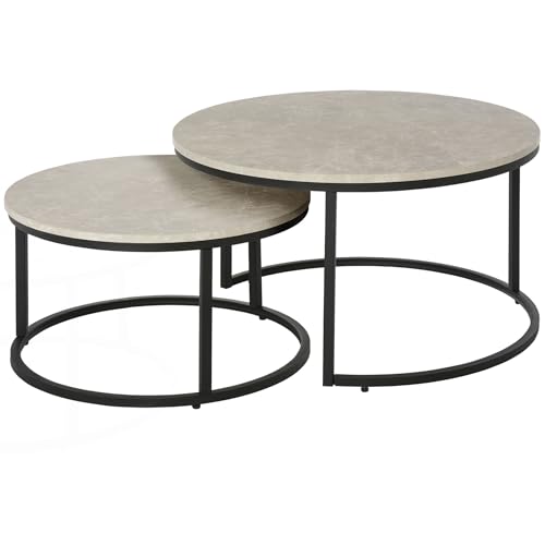 HOMCOM Couchtisch rund 2er Set Stapelbarer Beistelltisch mit Metallrahmen, Wohnzimmertisch mit Marmoroptik Kaffeetisch für Wohnzimmer Schlafzimmer Hellgrau von HOMCOM