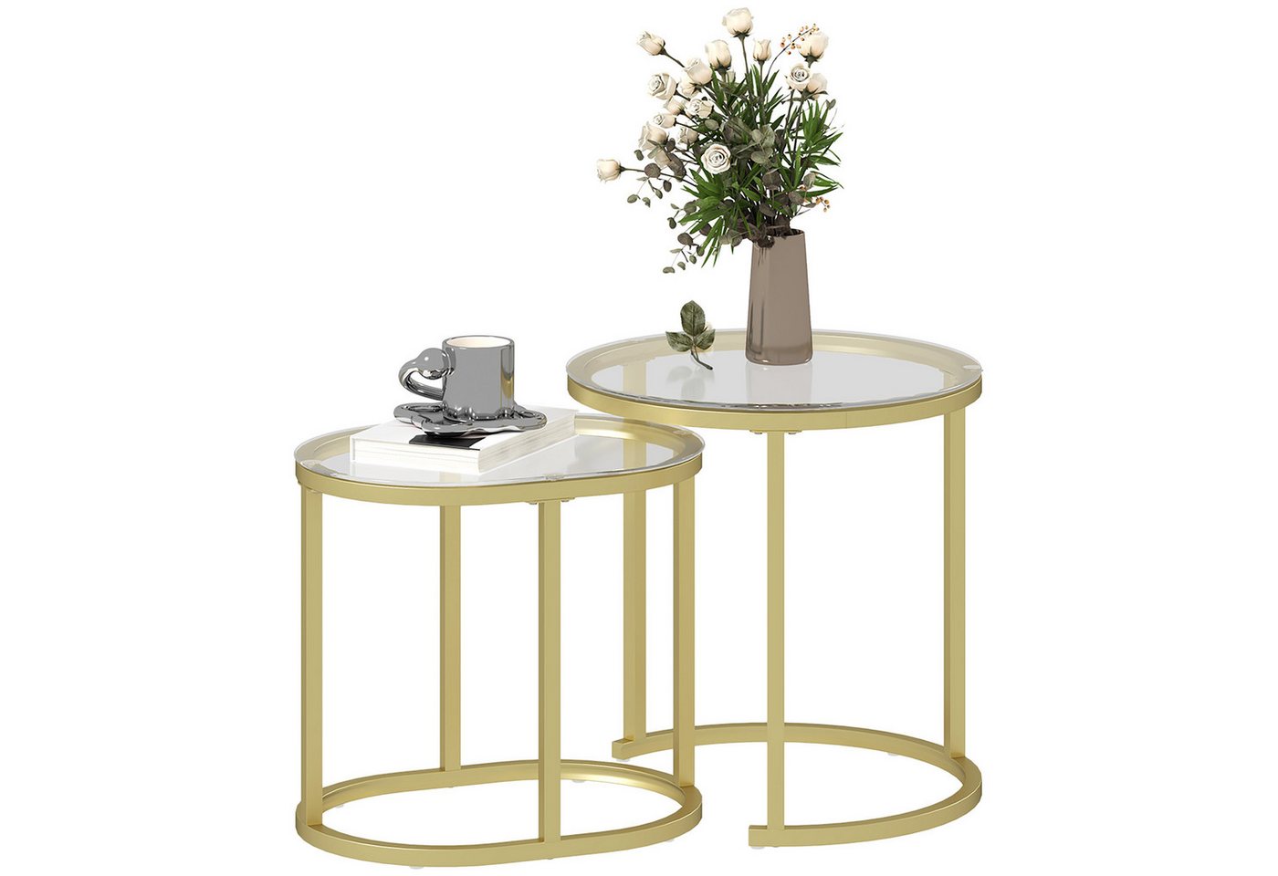 HOMCOM Couchtisch rund 2er Set Stapelbarer Kaffeetisch mit Stahlrahmen (Sofatisch, 2-St., Beistelltisch), für Wohnzimmer, Schlafzimmer, Balkon, Gold von HOMCOM