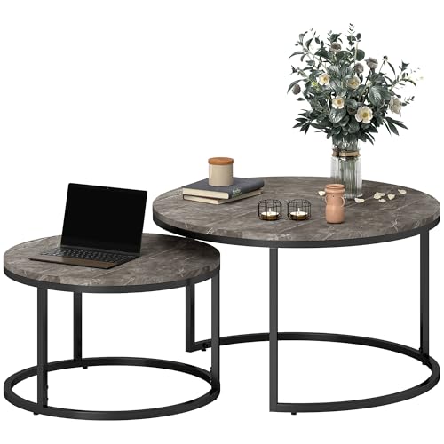 HOMCOM Couchtisch rund 2er Set Wohnzimmertisch Beistelltisch mit Metallrahmen, Satztisch mit Marmoroptik Kaffeetisch für Wohnzimmer, Schlafzimmer, Balkon Grau von HOMCOM