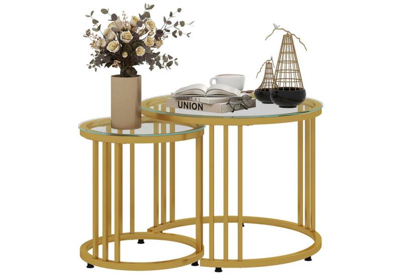 HOMCOM Couchtisch runde Couchtische Set von 2 mit gehärtetem Glas und Stahlrahmen (Beistelltisch, 2-St., Schachteltisch), für Wohnzimmer, Gold von HOMCOM