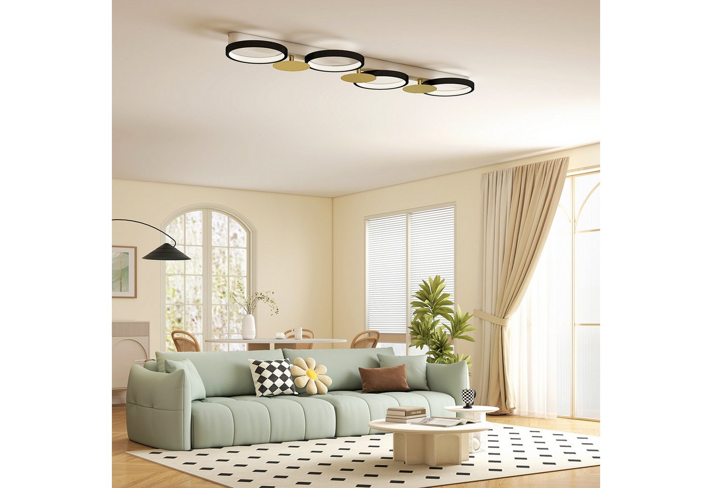 HOMCOM Deckenleuchte Wohnzimmerlampe mit 4 Glühbirnen, Fernbedienung, Szenenmodi, LED, für Wohnzimmer Schlafzimmer, Schwarz+Goldton von HOMCOM