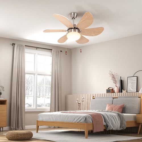 HOMCOM Deckenventilator mit Beleuchtung, 16W LED Deckenlampe mit Ventilator, Pendelleuchte mit 6 umkehrbaren Flügeln, für Schlafzimmer, Wohnzimmer, Buche von HOMCOM