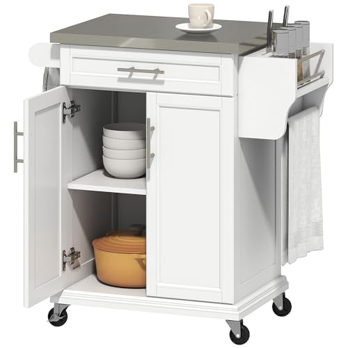 HOMCOM Dessertküche rollbarer Servierwagen zentrale Kücheninsel mit Edelstahlplatte, verstellbarem Regal, Schublade, Gewürzhalter, Messerhalter und Handtuchhalter, 83,5 x 45,7 x 90,5 cm, weiß von HOMCOM