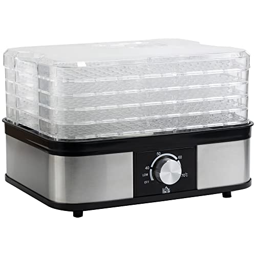 HOMCOM Dörrautomat Dörrgerät mit 5 Einlegefächer, 35-70°C, Obsttrockner Dehydrator für Fleisch Obst Haustier-Leckereien Edelstahl Silber+Transparent 32 x 25 x 29cm von HOMCOM