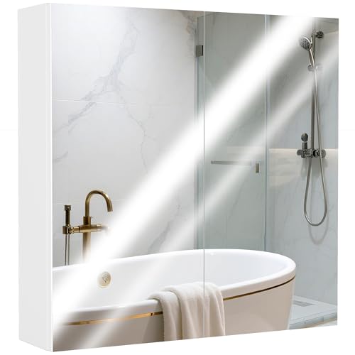HOMCOM Doppeltür-Wandmontierter Glasspiegelschrank, moderne Aufbewahrungseinheit, Badezimmerregal, Organizer, wasserdichter Holzrahmen, 60 x 15 x 60 cm (B x T x H) von HOMCOM