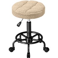 HOMCOM Drehbarer Runder Hocker mit Rollen, Höhenverstellbar 50-66 cm, Sitzbezug aus Frotteestoff für Salons, Werkstätten, Spa, Massage Hellbraun   Aosom von HOMCOM