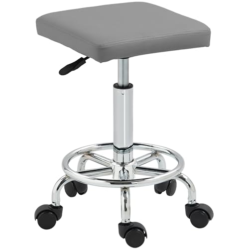 HOMCOM Drehhocker mit Rollen, höhenverstellbar, 50-66 cm, gepolsterter Sitz aus Kunstleder, Fußstütze für Wohnzimmer und Werkstatt, Grau von HOMCOM