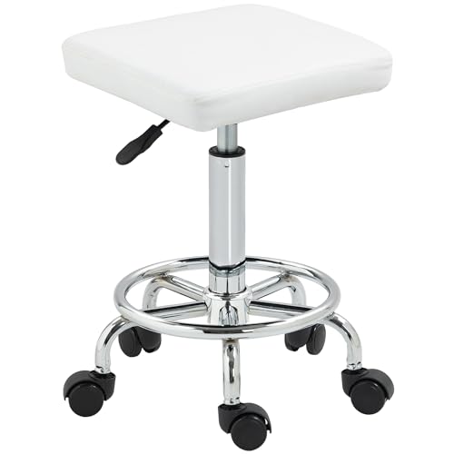 HOMCOM Drehhocker mit Rollen, höhenverstellbar, 50-66 cm, gepolsterter Sitz aus Kunstleder, Fußstütze für Wohnzimmer und Werkstatt, Weiß HOMCOM Drehhocker mit Rollen, höhenverstellbar, 50-66 cm, gepolsterter Sitz aus Kunstleder, Fußstütze für Wohnzimmer und Werkstatt, Weiß von HOMCOM