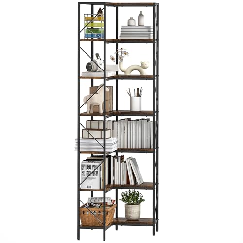HOMCOM Eckregal mit 7 Ebenen, Bücherregal, industrielles Aufbewahrungsmöbel mit Aufbewahrungsregalen für Wohnzimmer, Schlafzimmer, Büro, 60 x 60 x 198 cm, rustikales Braun von HOMCOM