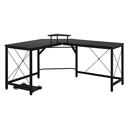 HOMCOM Eckschreibtisch L-förmiger Computertisch Schreibtisch mit Monitorständer, Bürotisch im Industrie-Design, Stahl, Schwarz, 150 x 150 x 76 cm von HOMCOM