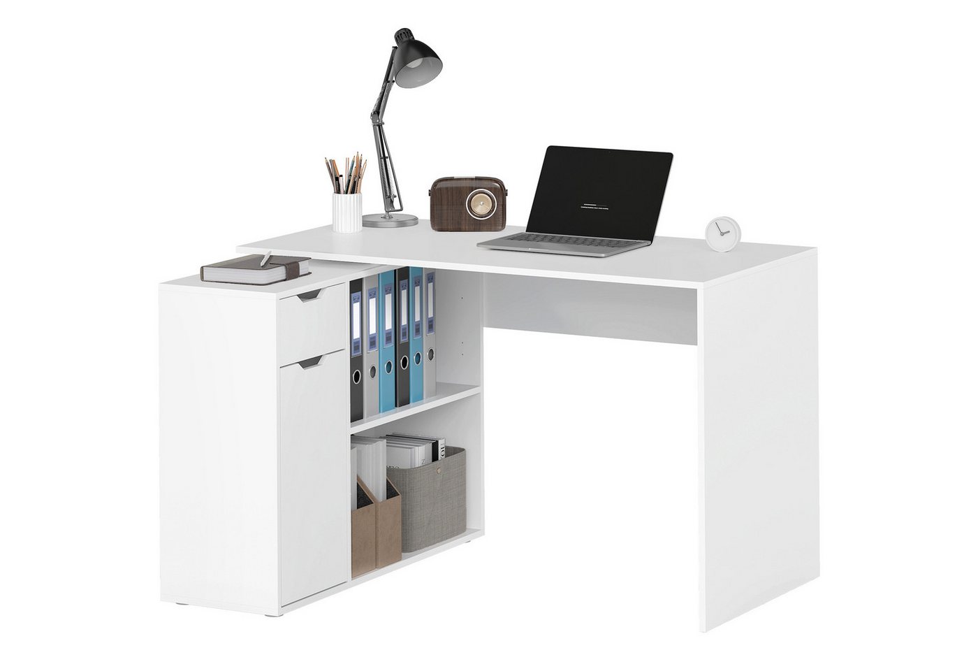 HOMCOM Eckschreibtisch mit Offenen Ablagen, Schublade, 1 Tür (Computertisch, 1-St., Winkelschreibtisch), für Dokumente im A4-Format, Arbeitszimmer, 120 x 96 x 75 cm, Weiß von HOMCOM