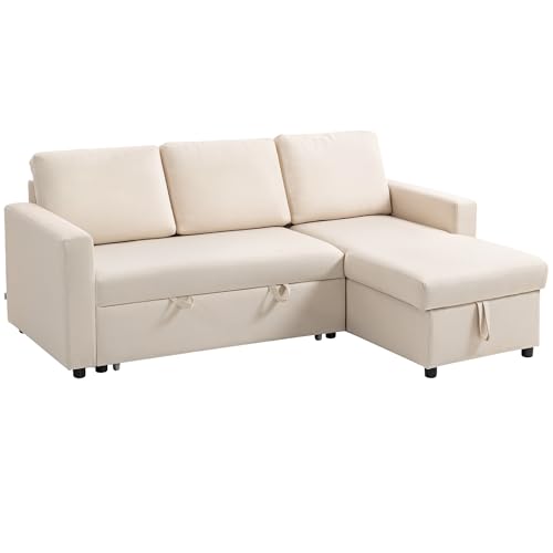 HOMCOM Ecksofa, Schlafsofa, 3-Sitzer, modular, mit wendbarer Ottomane, integrierter Aufbewahrungsbox und 3 Rückenkissen, Stoff in Leinenoptik, cremefarben von HOMCOM
