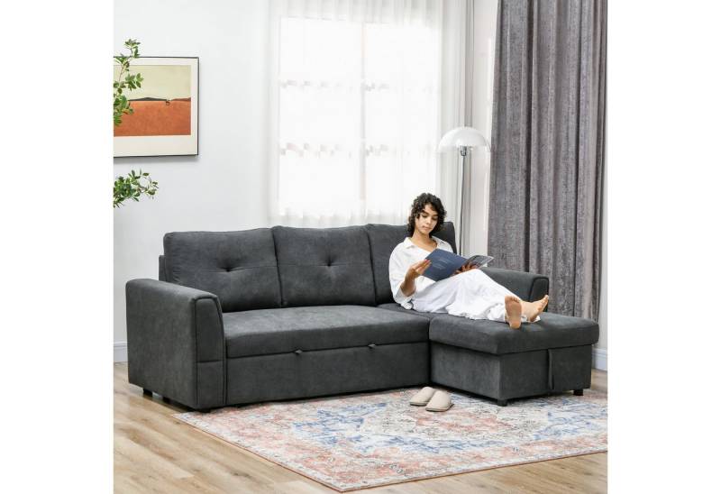 HOMCOM Ecksofa 3 Sitzer Couch mit Stauraum, Chaiselongue, Leinenoptik, Schlafsofa 1 Teile, Polstersofa für Wohnzimmer, Dunkelgrau von HOMCOM