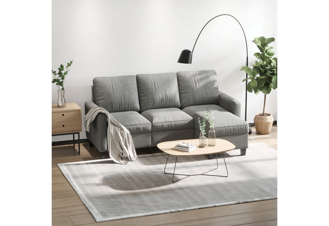 HOMCOM Ecksofa Ecksofa, Eckcouch in L-Form, Eckgarnitur, 3-Sitzer-Sofa 1 Teile, für Wohnzimmer, Hellgrau von HOMCOM
